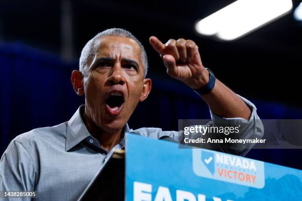 Former U.S. President Barack Obama speaks at a campaign rally in support of Nevada Democrats at Cheyenne High School on November 01, 2022 in North...