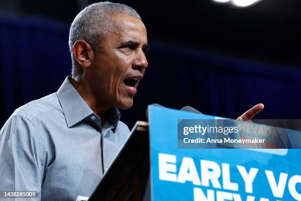 Former U.S. President Barack Obama speaks at a campaign rally in support of Nevada Democrats at Cheyenne High School on November 01, 2022 in North...