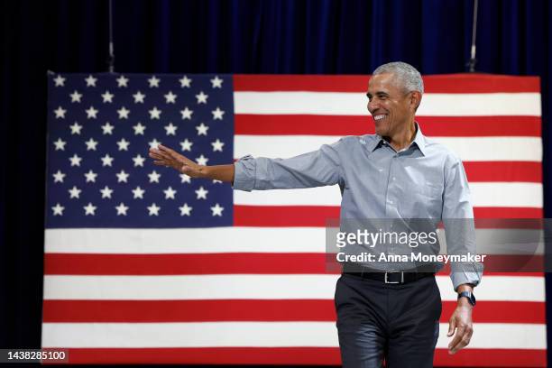 Former U.S. President Barack Obama walks onstage at a campaign rally in support of Nevada Democrats at Cheyenne High School on November 01, 2022 in...