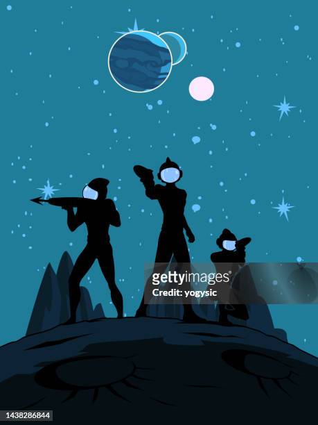 vector trio astronaut silhouettes with guns on an alien planet stock illustration - captain planet 幅插畫檔、美工圖案、卡通及圖標