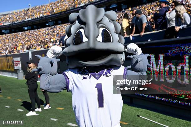 The TCU Horned Frogs mascot performs during the game against the West Virginia Mountaineers at Mountaineer Field on October 29, 2022 in Morgantown,...