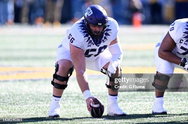 Alan Ali of the TCU Horned Frogs lines up against the West Virginia Mountaineers at Mountaineer Field on October 29, 2022 in Morgantown, West...