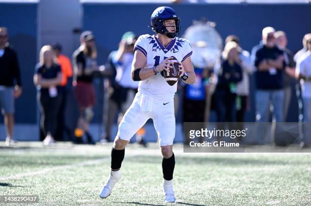 Max Duggan of the TCU Horned Frogs drops back to pass against the West Virginia Mountaineers at Mountaineer Field on October 29, 2022 in Morgantown,...