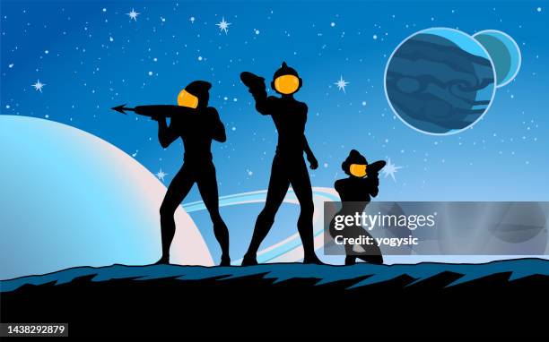 vector trio astronaut silhouettes with guns on an alien planet stock illustration - 1940s couple stock illustrations