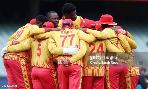 Zimbabwe players before the start of the 2nd innings during the ICC Men's T20 World Cup match between Zimbabwe and Netherlands at Adelaide Oval on...