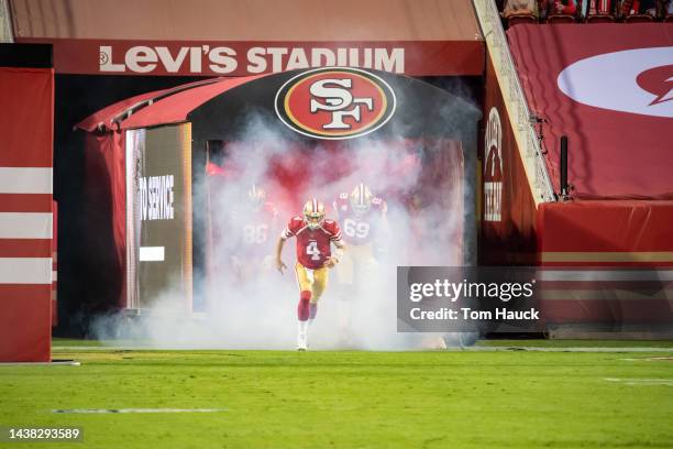 San Francisco 49ers quarterback Nick Mullens and San Francisco 49ers offensive tackle Mike McGlinchey run out of the tunnel during an NFL football...