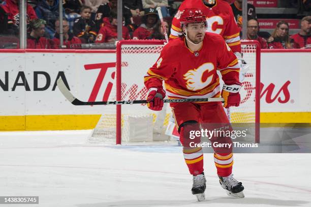 Rasmus Andersson of the Calgary Flames skates up ice against the Seattle Kraken at Scotiabank Saddledome on November 1, 2022 in Calgary, Alberta,...