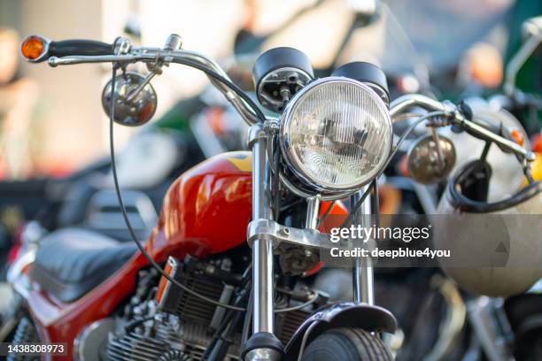 close-up of the front of a historic motorbike parked in the outskirts of hamburg - 4 wheel motorbike stock pictures, royalty-free photos & images