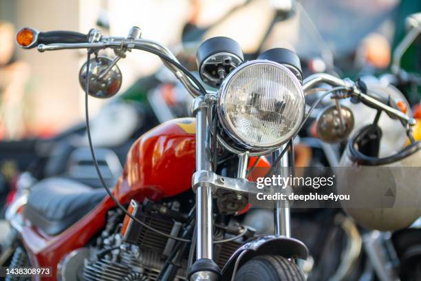 close-up of the front of a historic motorbike parked in the outskirts of hamburg - motorcycle display stock pictures, royalty-free photos & images