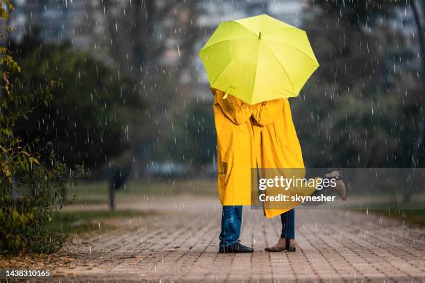 romance under the umbrella on rainy day! - couples kissing shower stockfoto's en -beelden