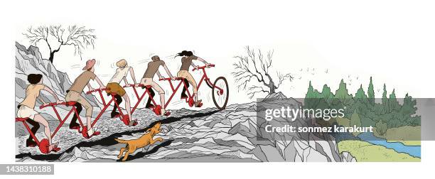 ilustraciones, imágenes clip art, dibujos animados e iconos de stock de tour por la naturaleza en bicicleta tándem larga - gente comune