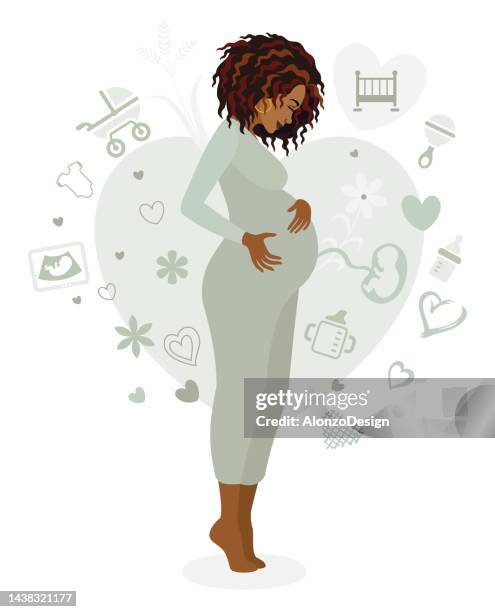 ilustrações de stock, clip art, desenhos animados e ícones de pregnancy. future african mother care positive emotion. - gravidez