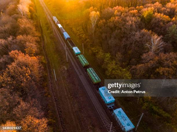 aerial view of a freight train at dawn in autumn. railroad transportation - rail freight stock pictures, royalty-free photos & images