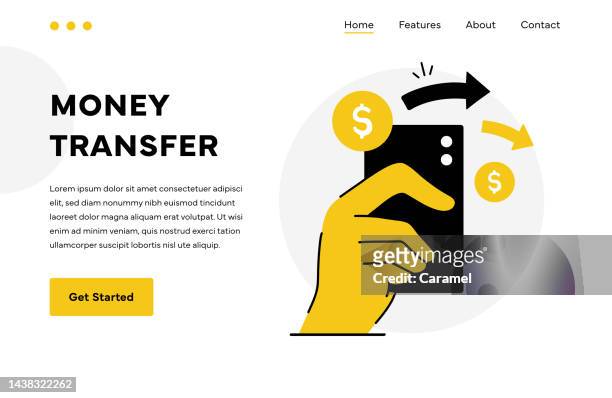 ilustraciones, imágenes clip art, dibujos animados e iconos de stock de diseño de página de destino de ilustración de transferencia de dinero - money transfer