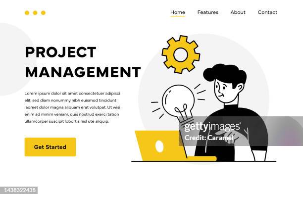 projektmanagement illustration landingpage design - projektmanager stock-grafiken, -clipart, -cartoons und -symbole