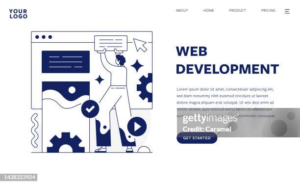 web development flat design illustration template for web and mobile - computer programmer team stock illustrations