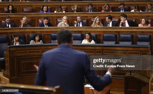 The President of the Government, Pedro Sanchez, speaks during a plenary session in the Congress of Deputies, on 02 November, 2022 in Madrid, Spain....