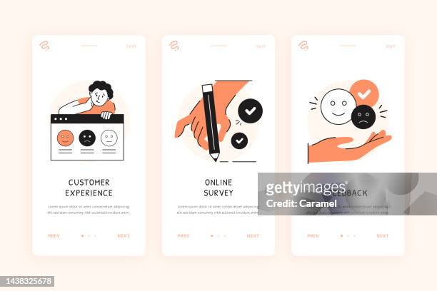 ilustrações de stock, clip art, desenhos animados e ícones de customer survey illustration for onboarding mobile phone screen template - feedback