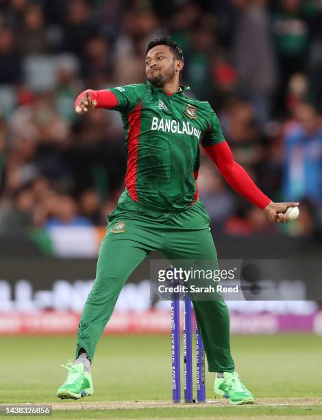 Shakib Al Hasan of Bangladesh during the ICC Men's T20 World Cup match between India and Bangladesh at Adelaide Oval on November 02, 2022 in...