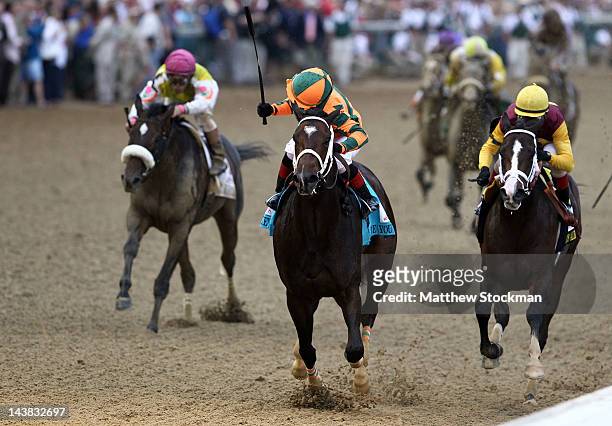 Believe You Can ridden by Rosie Napravnik celebrates after winning the 138th running of the Kentucky Oaks at Churchill Downs on May 4, 2012 in...