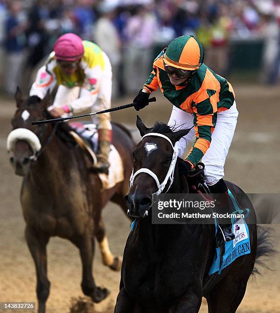Rosie Napravnik celebrates atop Believe You Can after winning the 138th running of the Kentucky Oaks at Churchill Downs on May 4, 2012 in Louisville,...