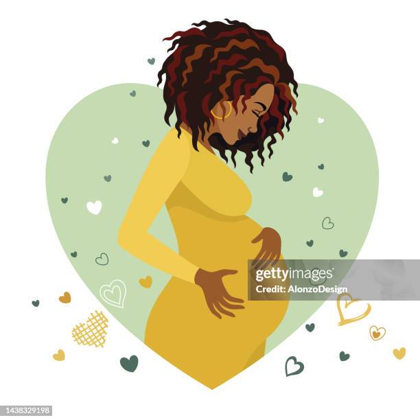 ilustraciones, imágenes clip art, dibujos animados e iconos de stock de embarazo. futura madre africana cuidado emoción positiva. - mother and baby illustration