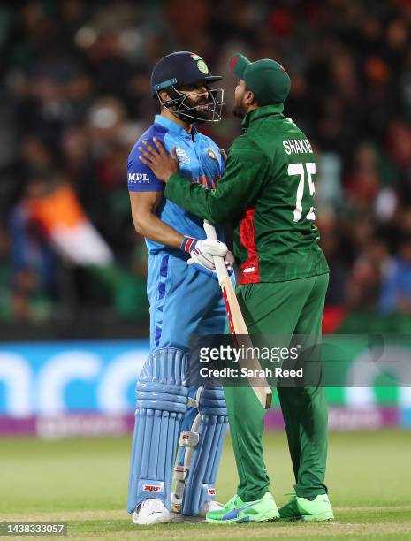 Virat Kohli of India with Shakib Al Hasan of Bangladesh during the ICC Men's T20 World Cup match between India and Bangladesh at Adelaide Oval on...