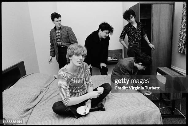 Group portrait of The Birthday Party in Leeds, United Kingdom, 23rd June 1981. L-R: Mick Harvey, Phill Calvert, Tracey Pew, Rowland S Howard, Nick...