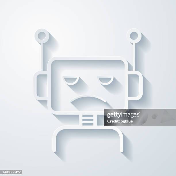 sad bot - robot head. icon with paper cut effect on blank background - robot head 3d stock illustrations
