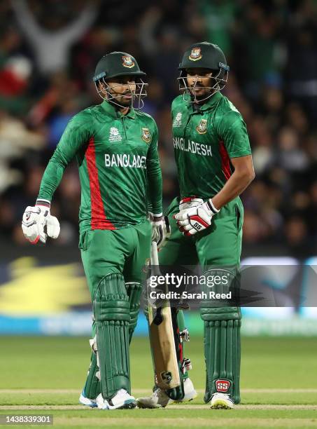 Litton Das of Bangladesh and Najmul Shanto of Bangladesh during the ICC Men's T20 World Cup match between India and Bangladesh at Adelaide Oval on...