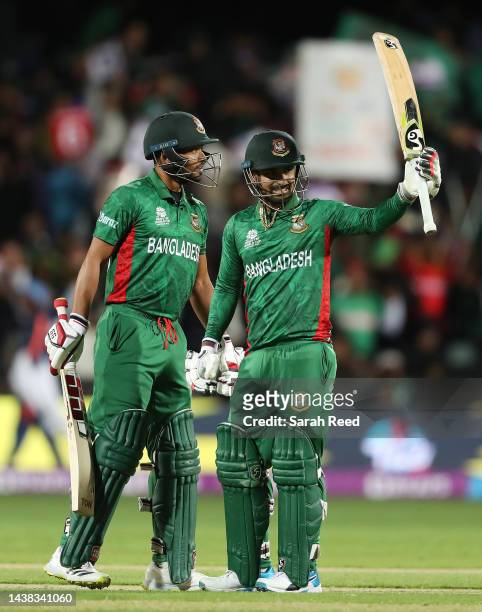 Runs for Litton Das of Bangladesh with Najmul Shanto of Bangladesh during the ICC Men's T20 World Cup match between India and Bangladesh at Adelaide...