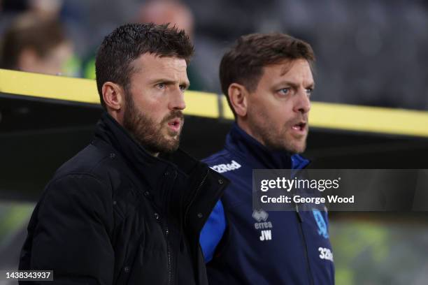 Michael Carrick , Manager of Middlesbrough looks on with Assistant, Jonathan Woodgate during the Sky Bet Championship match between Hull City and...