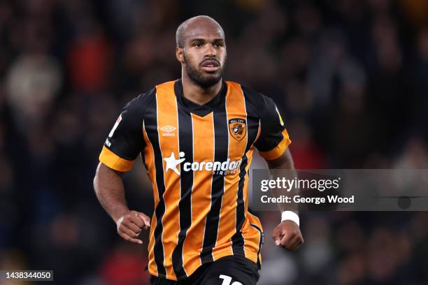 Oscar Estupinan of Hull City looks on during the Sky Bet Championship match between Hull City and Middlesbrough at MKM Stadium on November 01, 2022...