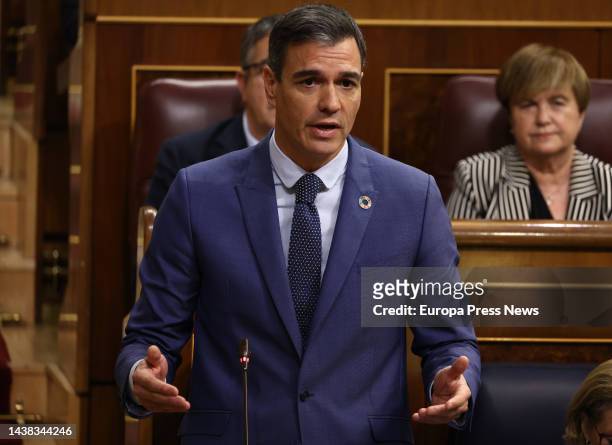 The President of the Government, Pedro Sanchez, speaks during a plenary session in the Congress of Deputies, on 02 November, 2022 in Madrid, Spain....