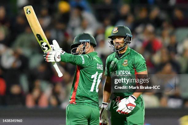 Litton Das of Bangladesh celebrates scoring a half century during the ICC Men's T20 World Cup match between India and Bangladesh at Adelaide Oval on...