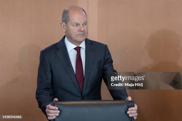 German Chancellor Olaf Scholz arrives for the weekly government cabinet meeting on November 02, 2022 in Berlin, Germany. The cabinet is to discuss...