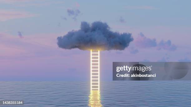 neon lighting staircase to clouds over sea - stairway heaven stock pictures, royalty-free photos & images