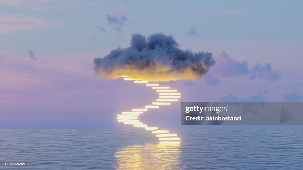 Neon Lighting Staircase to Clouds over Sea