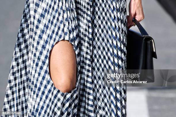 Queen Letizia of Spain, shoes detail, attends the "Opera prima: Ciudad de Tudela" Film Festival at the Moncayo cinema on November 02, 2022 in...