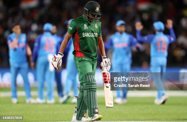 Najmul Shanto of Bangladesh out for 21 runs during the ICC Men's T20 World Cup match between India and Bangladesh at Adelaide Oval on November 02,...