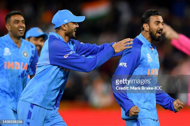 Rahul of India celebrates the wicket of Litton Das of Bangladesh during the ICC Men's T20 World Cup match between India and Bangladesh at Adelaide...