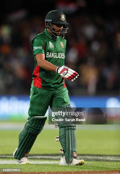 Afif Hossain of Bangladesh out for 3 runs ccaught Suryakumar Yadav and bowled Arshdeep Singh the ICC Men's T20 World Cup match between India and...