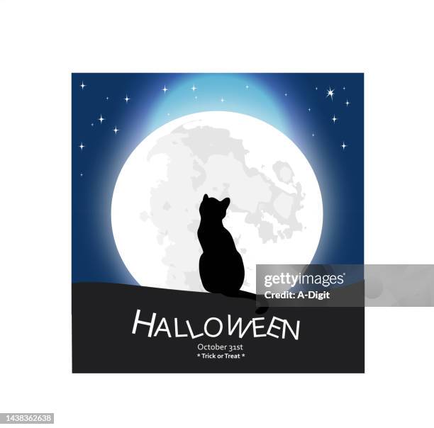 stockillustraties, clipart, cartoons en iconen met pumpkin friends full moon cat - halloween cats