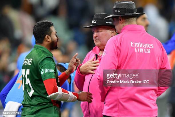Shakib Al Hasan of Bangladesh speaks to umpires during the ICC Men's T20 World Cup match between India and Bangladesh at Adelaide Oval on November...