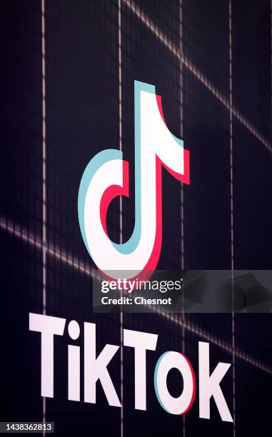 The logo of the mobile video sharing and social networking application TikTok, developed by the Chinese company ByteDance is displayed during Paris...