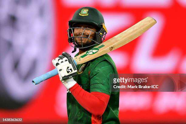Shakib Al Hasan of Bangladesh reacts to losing his wicket during the ICC Men's T20 World Cup match between India and Bangladesh at Adelaide Oval on...