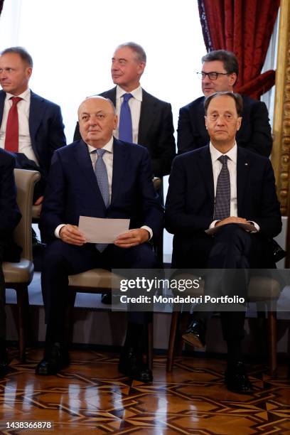 Italian Senator Gilberto Pichetto Fratin and Italian politician Luca Ciriani during the oath of new Government to the Quirinale in the Salone delle...
