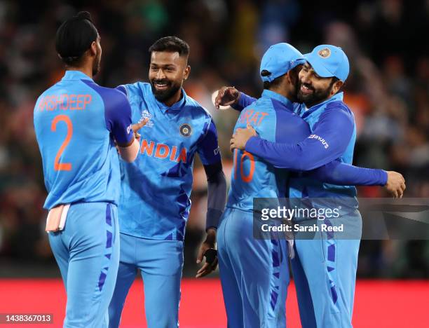 Indian players celebrate the win during the ICC Men's T20 World Cup match between India and Bangladesh at Adelaide Oval on November 02, 2022 in...