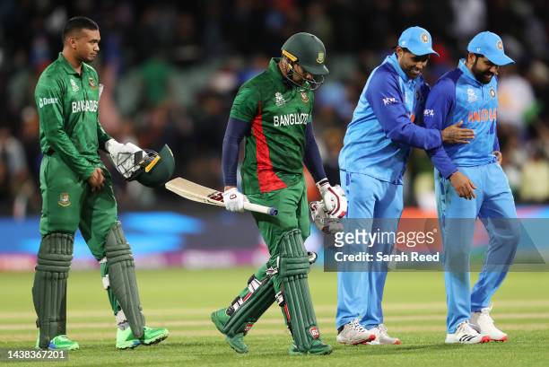 Taskin Ahmed of Bangladesh and Quazi Nurul Hasan Sohan after the loss during the ICC Men's T20 World Cup match between India and Bangladesh at...