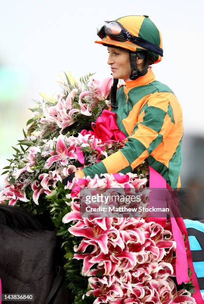 Rosie Napravnik sits atop Believe You Can with the Lilly's after winning the 138th running of the Kentucky Oaks at Churchill Downs on May 4, 2012 in...